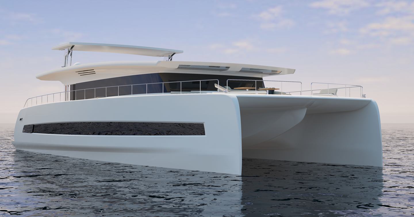 Rendering of Silent 80 Flybridge catamaran at anchor