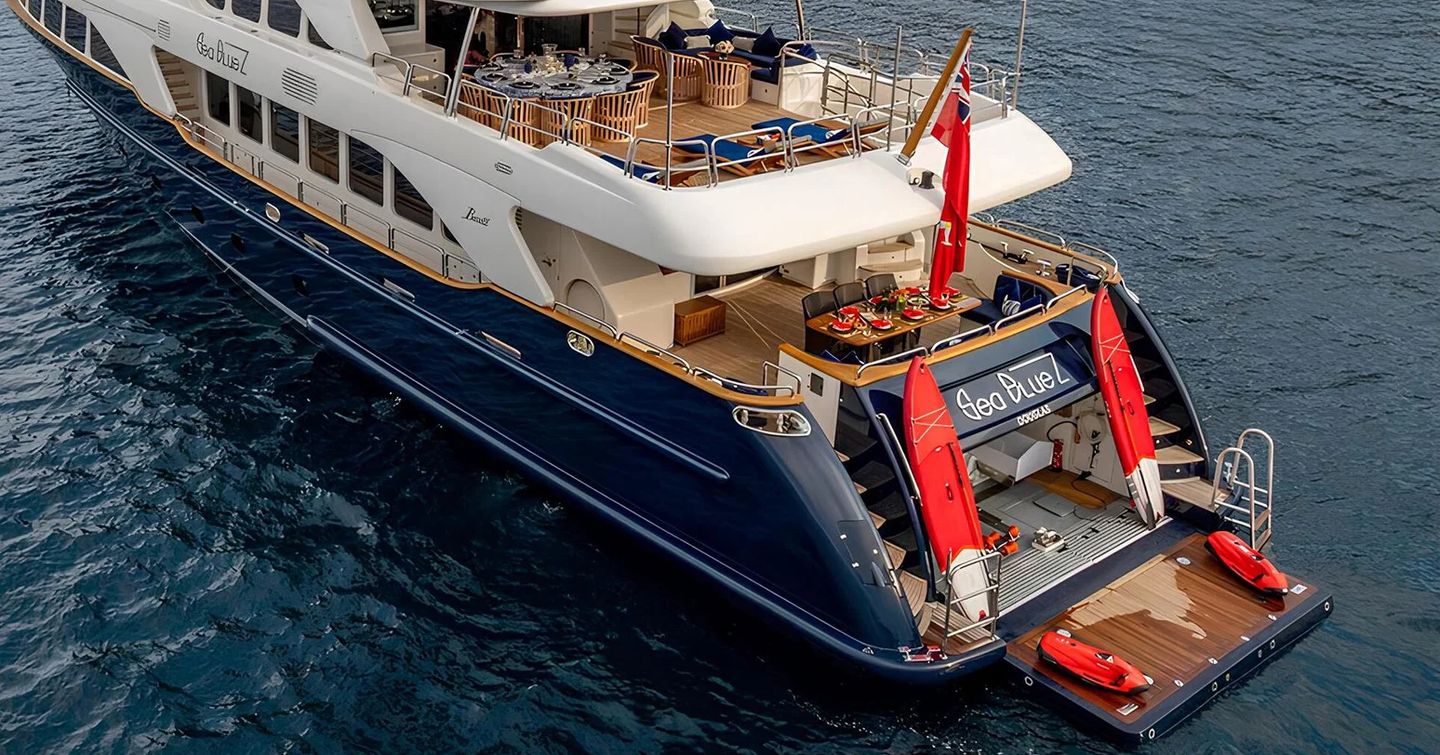 Superyacht Sea BlueZ hydraulic stern with surfboards 