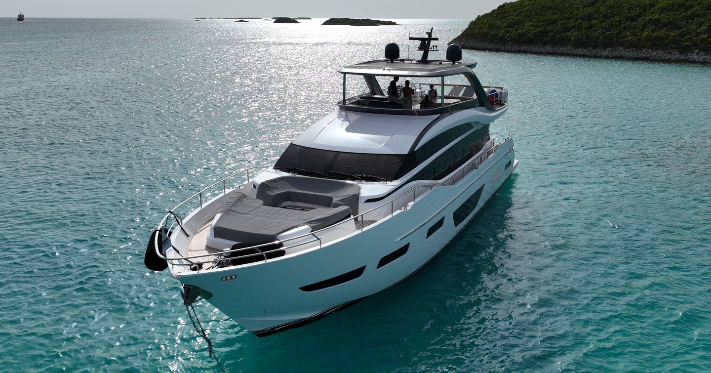 Princess motor yacht Record Year at anchor bow view 