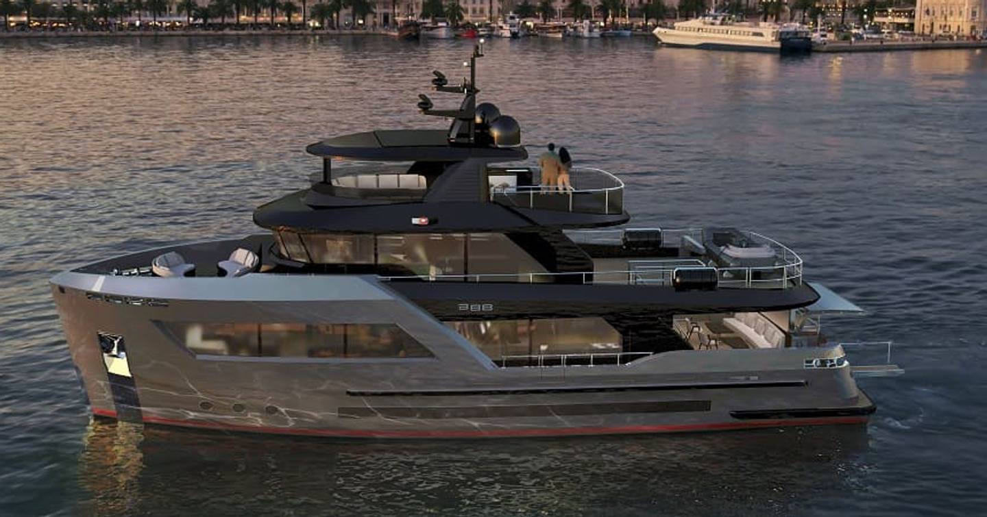Rendering of the Bering 88 explorer yacht under way 