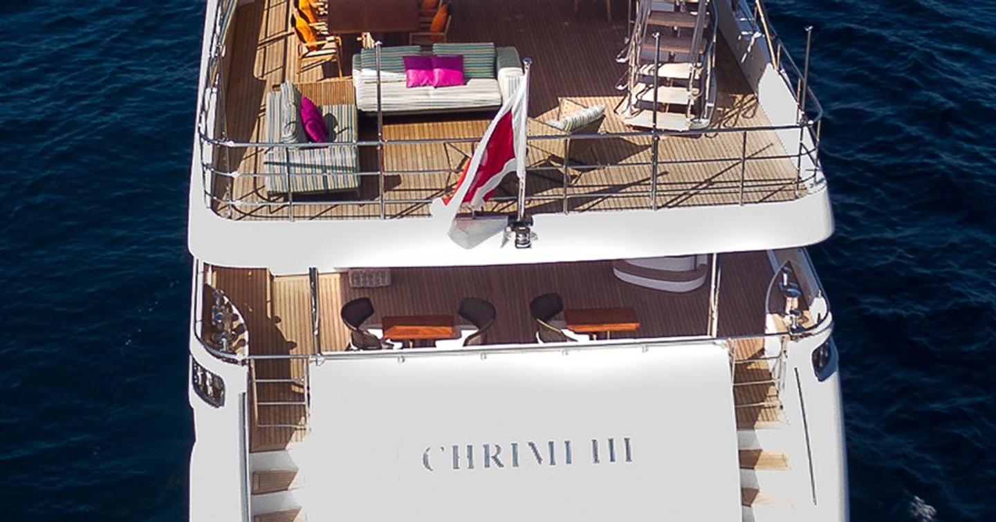 Superyacht Chrimi III's aft at anchor 