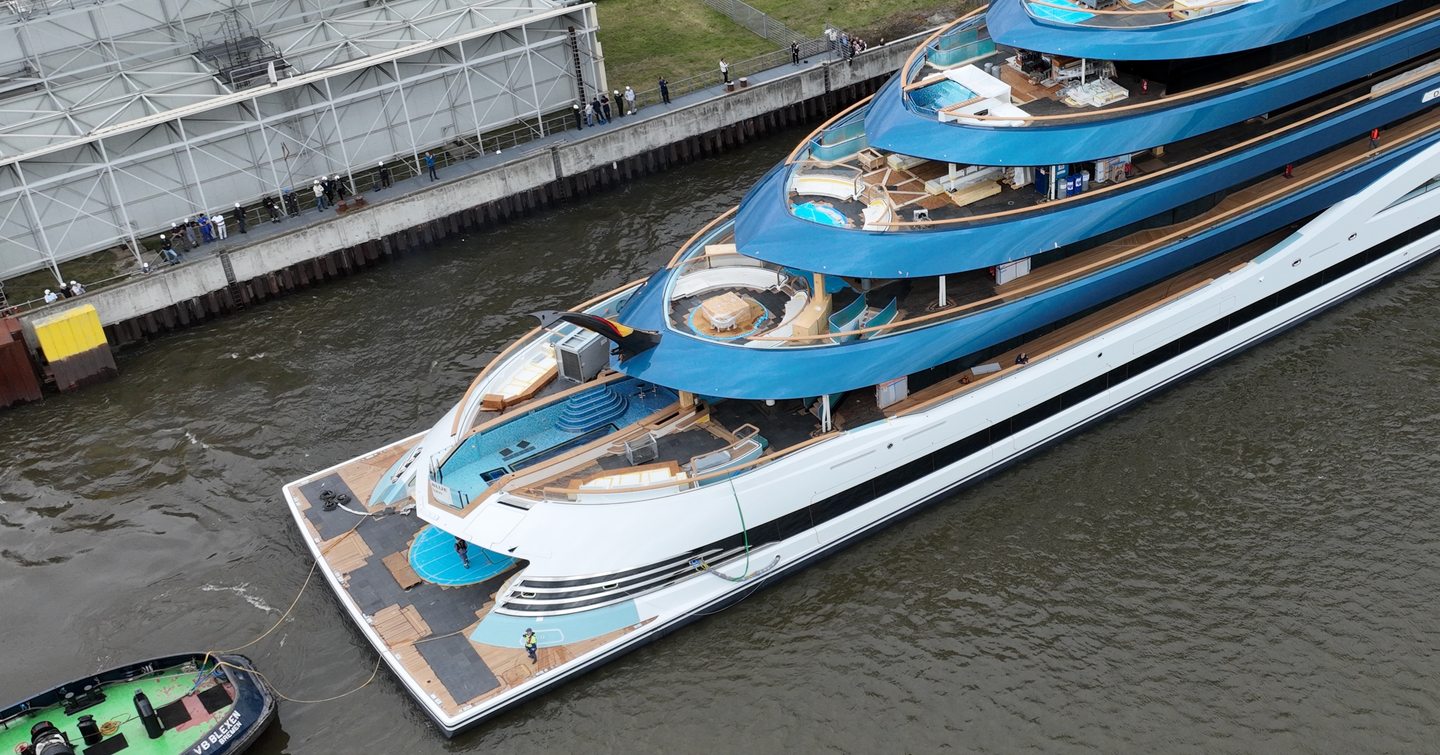 Close up of superyacht Deep Blue's aft decks outside Lurssen shipyard