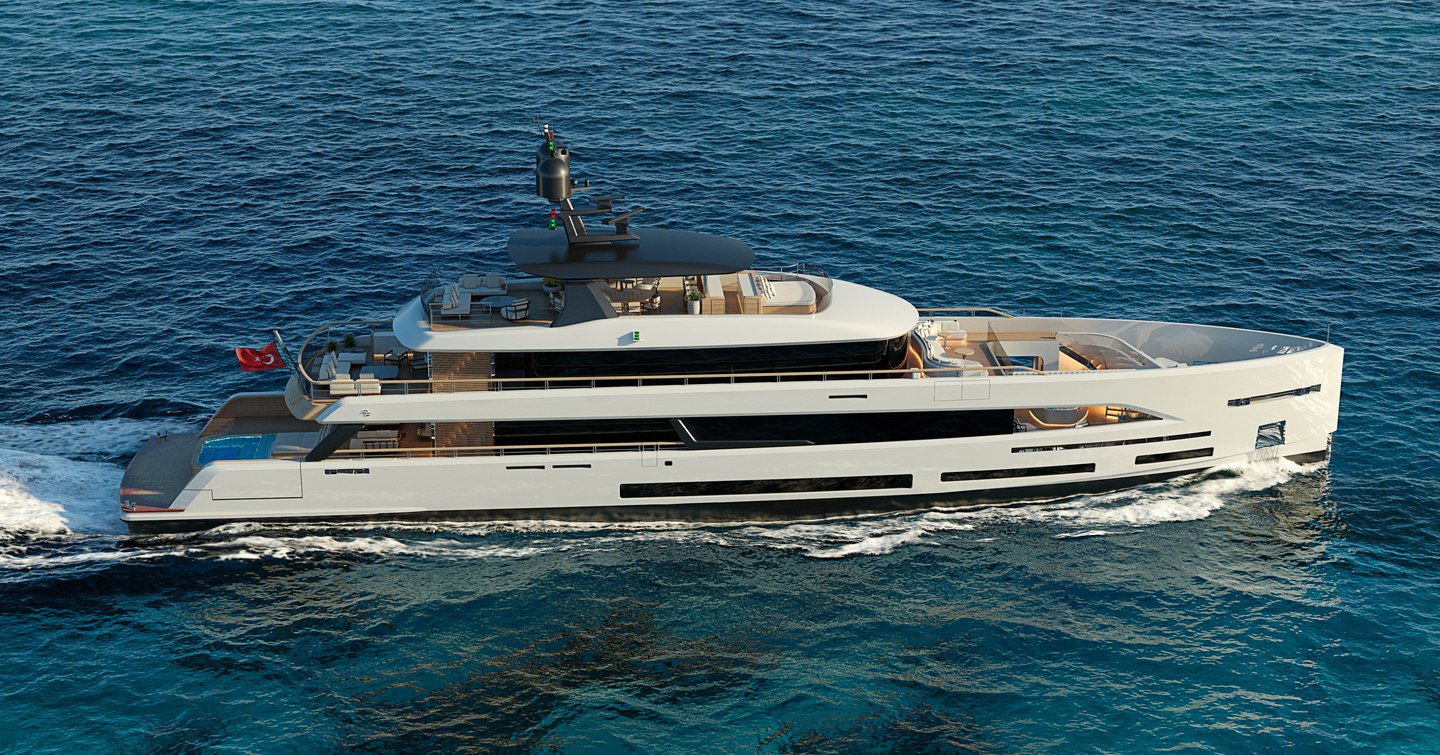 Rendering of Sirena Yachts 50m underway, surrounded by water.