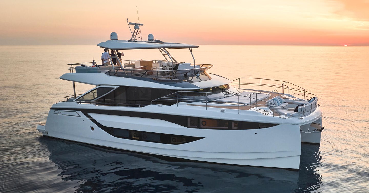 Prestige M8 catamaran at anchor
