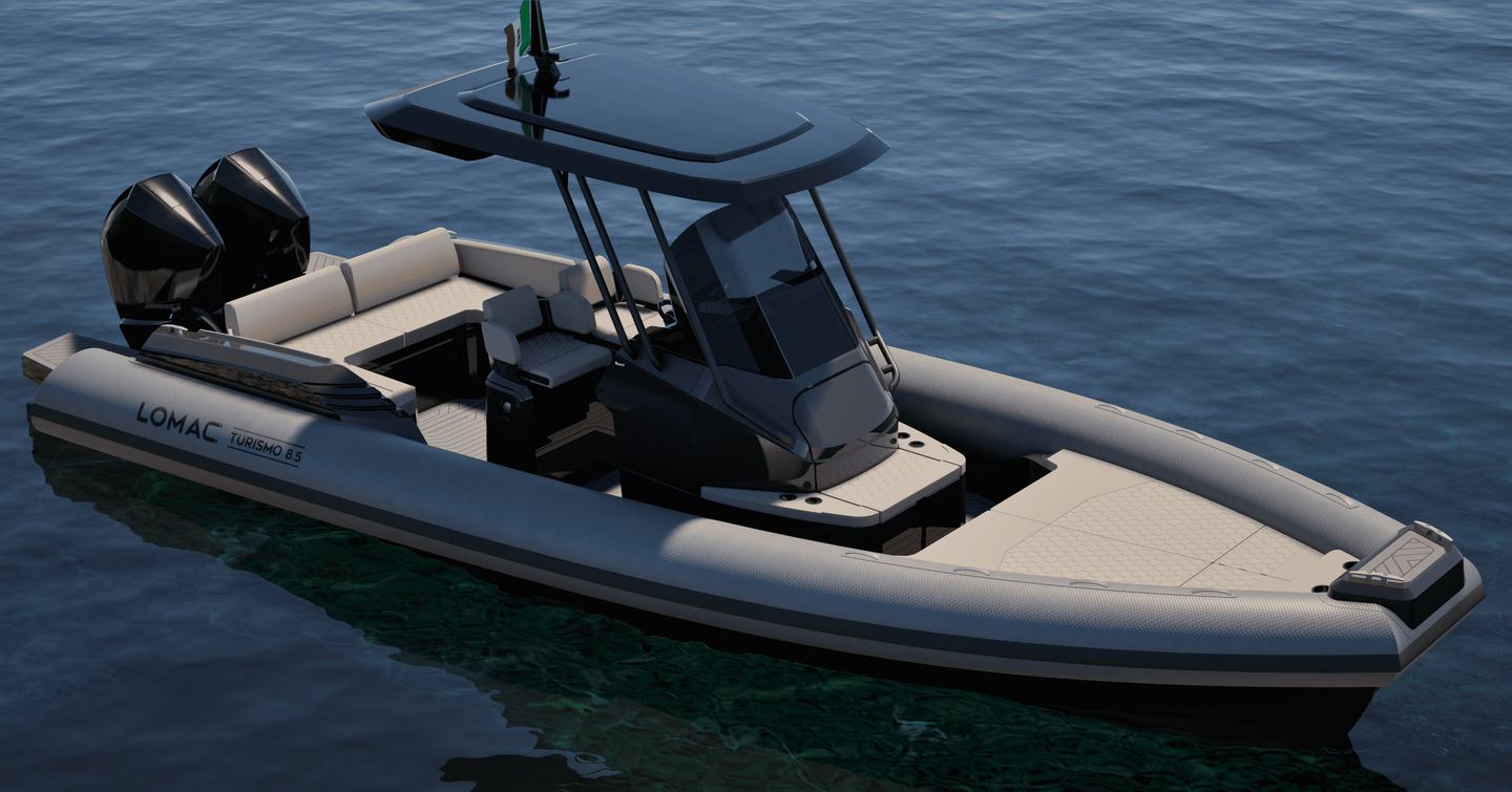 Rendering of Lomac Turismo 8.5m RIB on calm water 