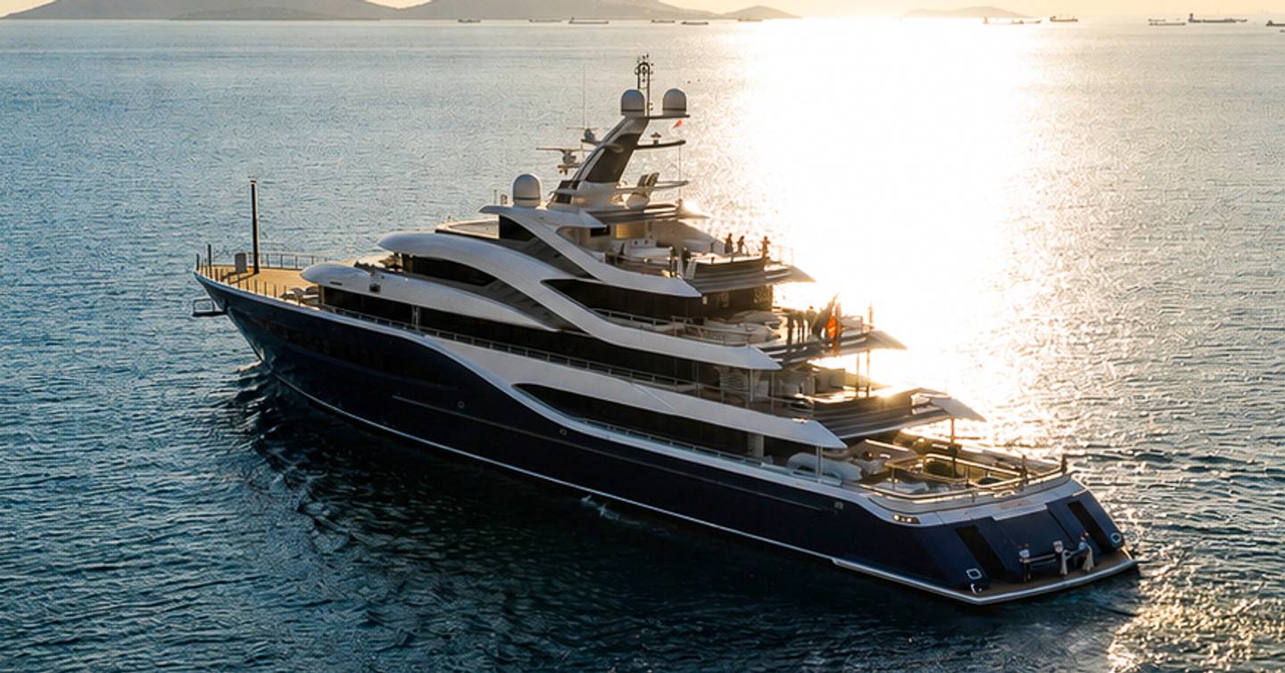 Turquoise superyacht Angelique at anchor stern view 