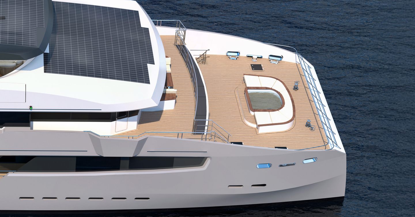 Rendering of CL Yachts CLC115 catamaran foredeck with u-shaped seating