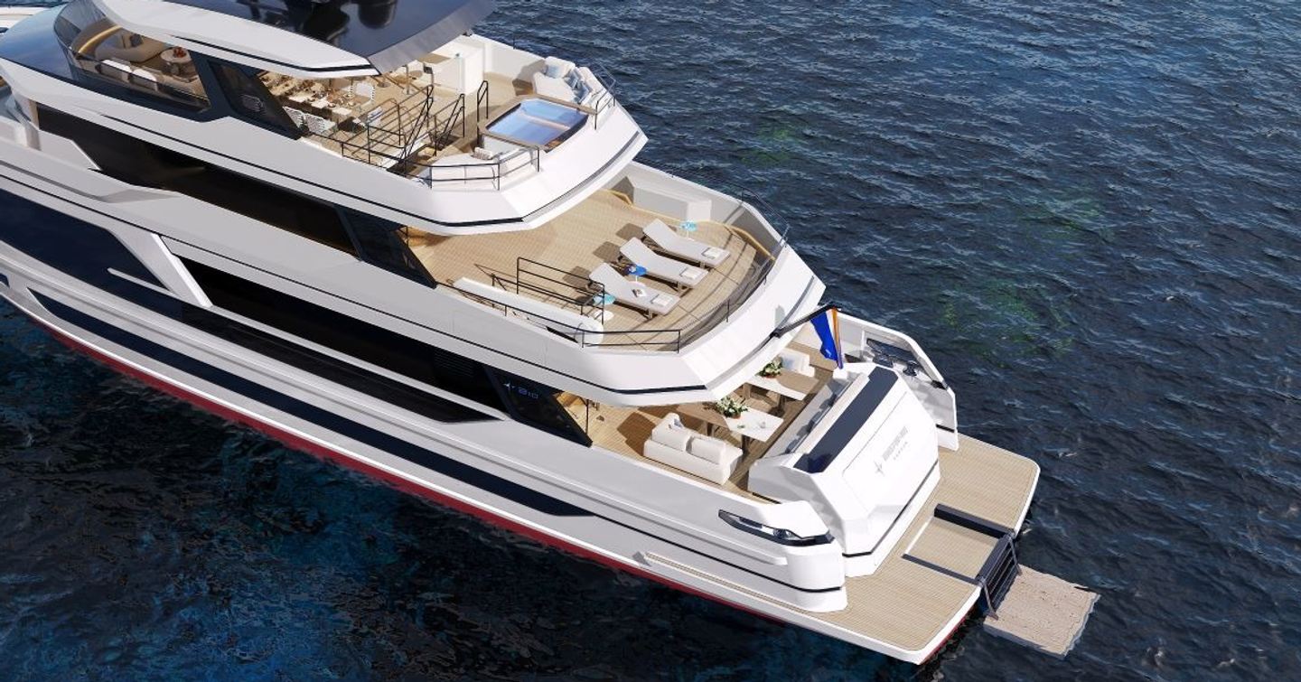 Aerial Rendering of Bering 110 explorer yacht at anchor 