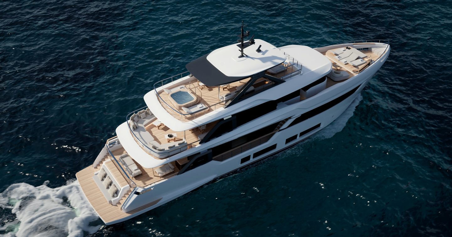 Custom Line Navetta 35 motor yacht underway stern view 