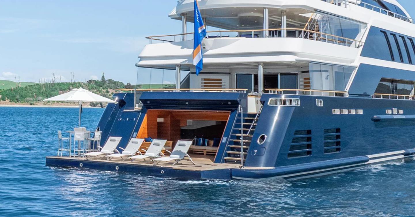 Close up of CRN Superyacht Odyssey aft with sun loungers 