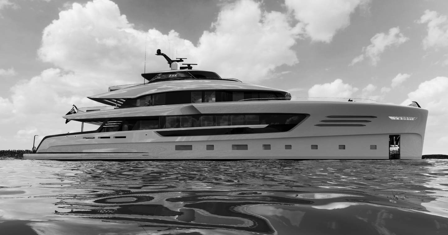 A black and white render of the Alia Yachts 43m TRIPLE X at sea