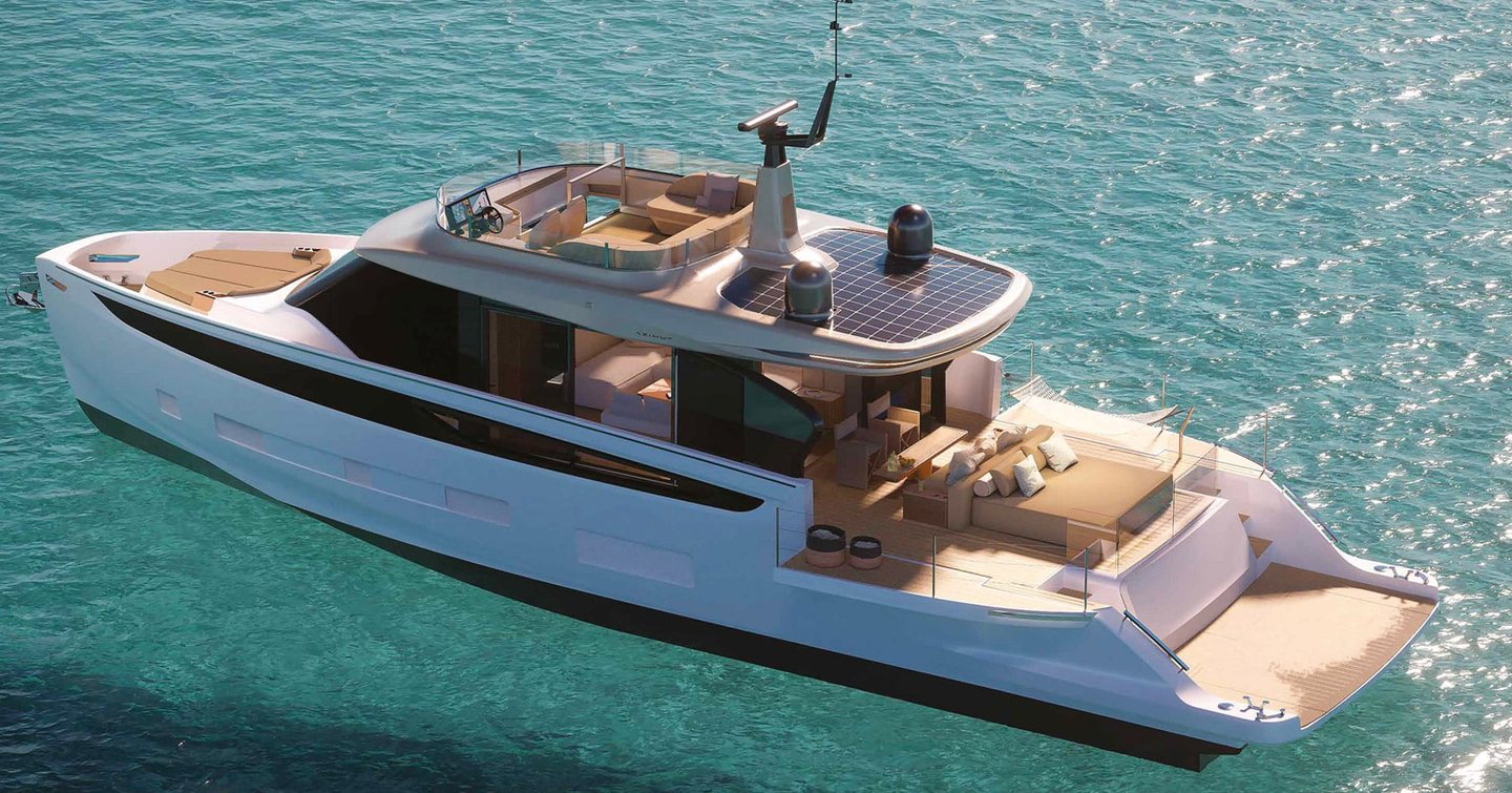 A top down, port-side view of the Azimut Seadeck 7 at sea