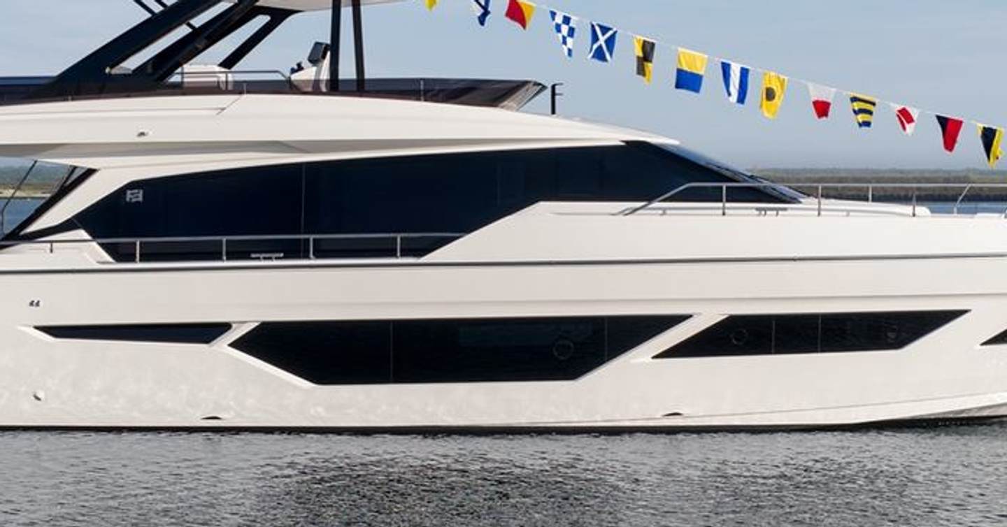 Close up of extensive glazing on board the third-Generation Ferretti 720 motor yacht