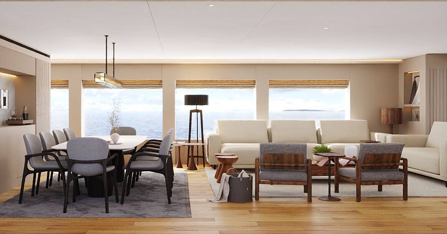 Grand Ocean motor yacht Motu saloon lounge and dining area 