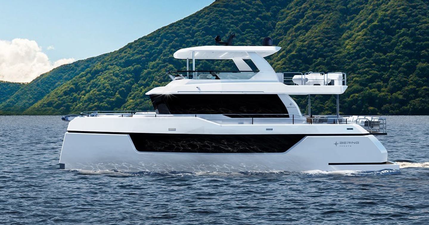 Rendering of Bering BC60 Explorer Catamaran under way 