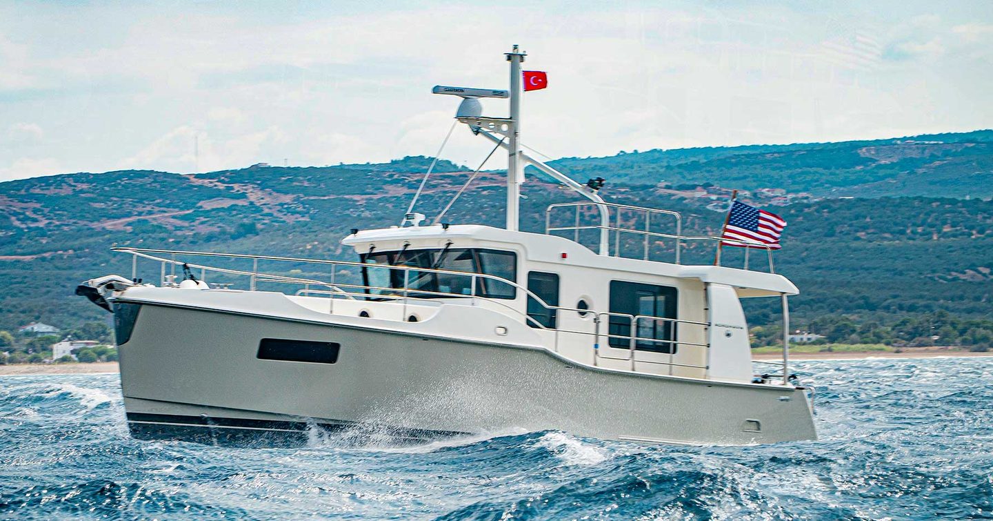 Nordhavn 41 boat under way in rough seas 
