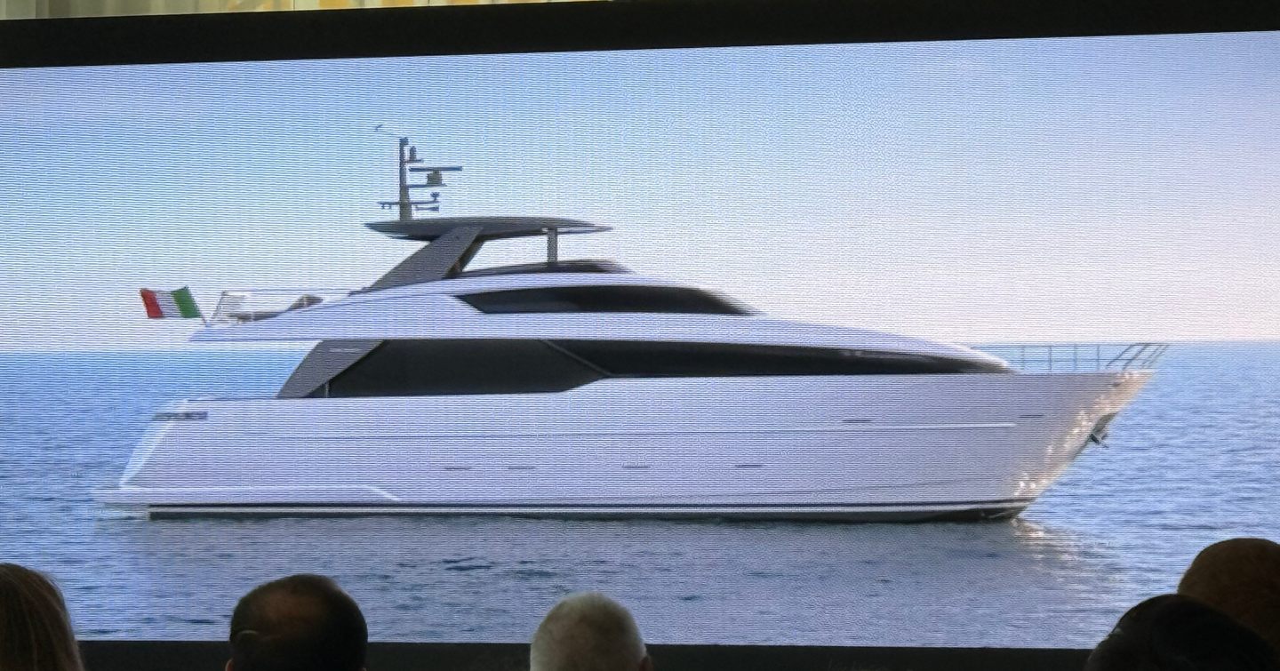 Rendering of Sanlorenzo SL80A motor yacht on slide show at Cannes 2025 press conference