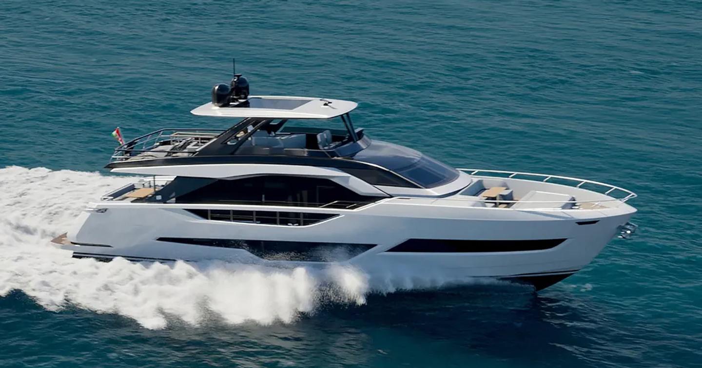 First Ferretti 800 motor yacht under way 