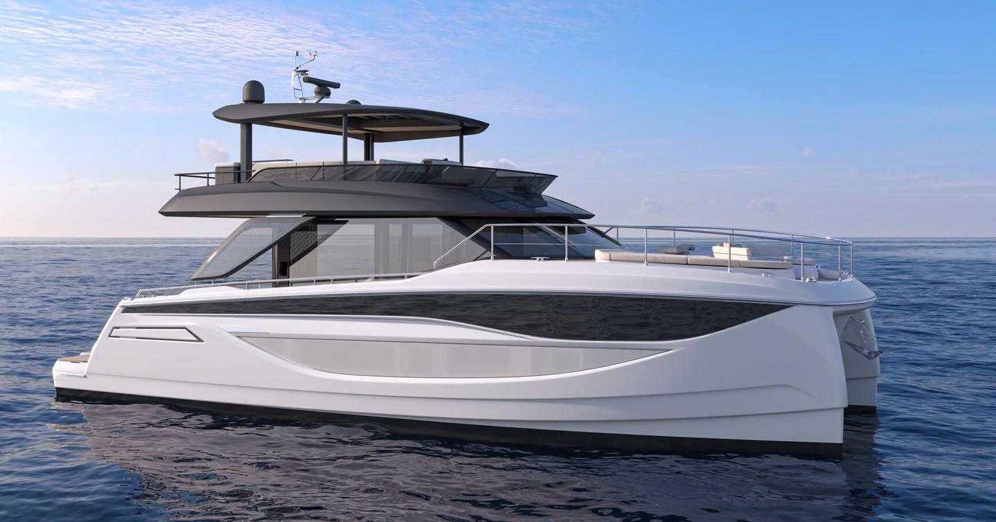 Rendering of Prestige M7 motor yacht at anchor