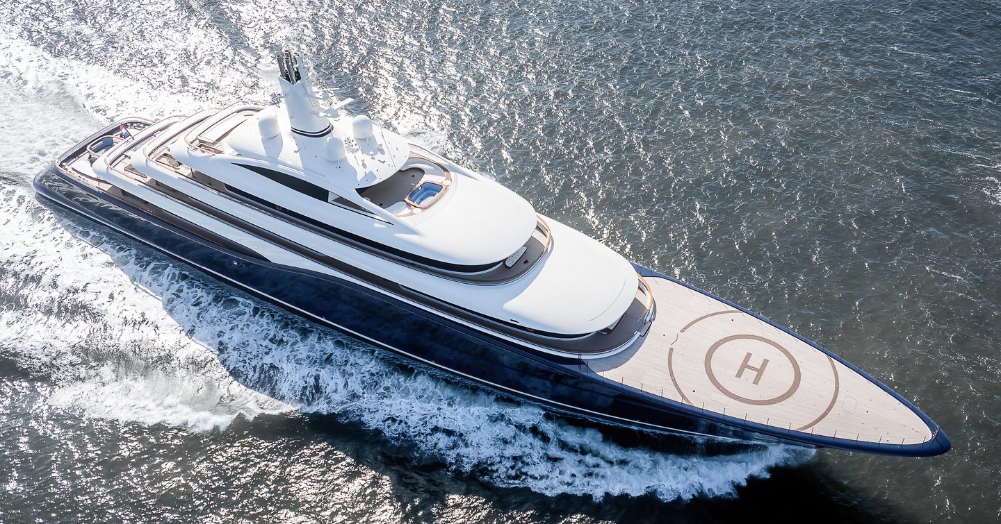 Feadship superyacht Destiny underway aerial view  