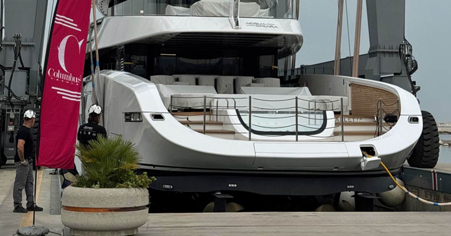 Close of up Superyacht Acqua Chiara's aft before launch 