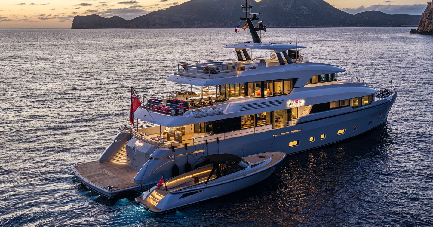 Moonen 122 Martinique Superyacht Lollipop at night with tender 