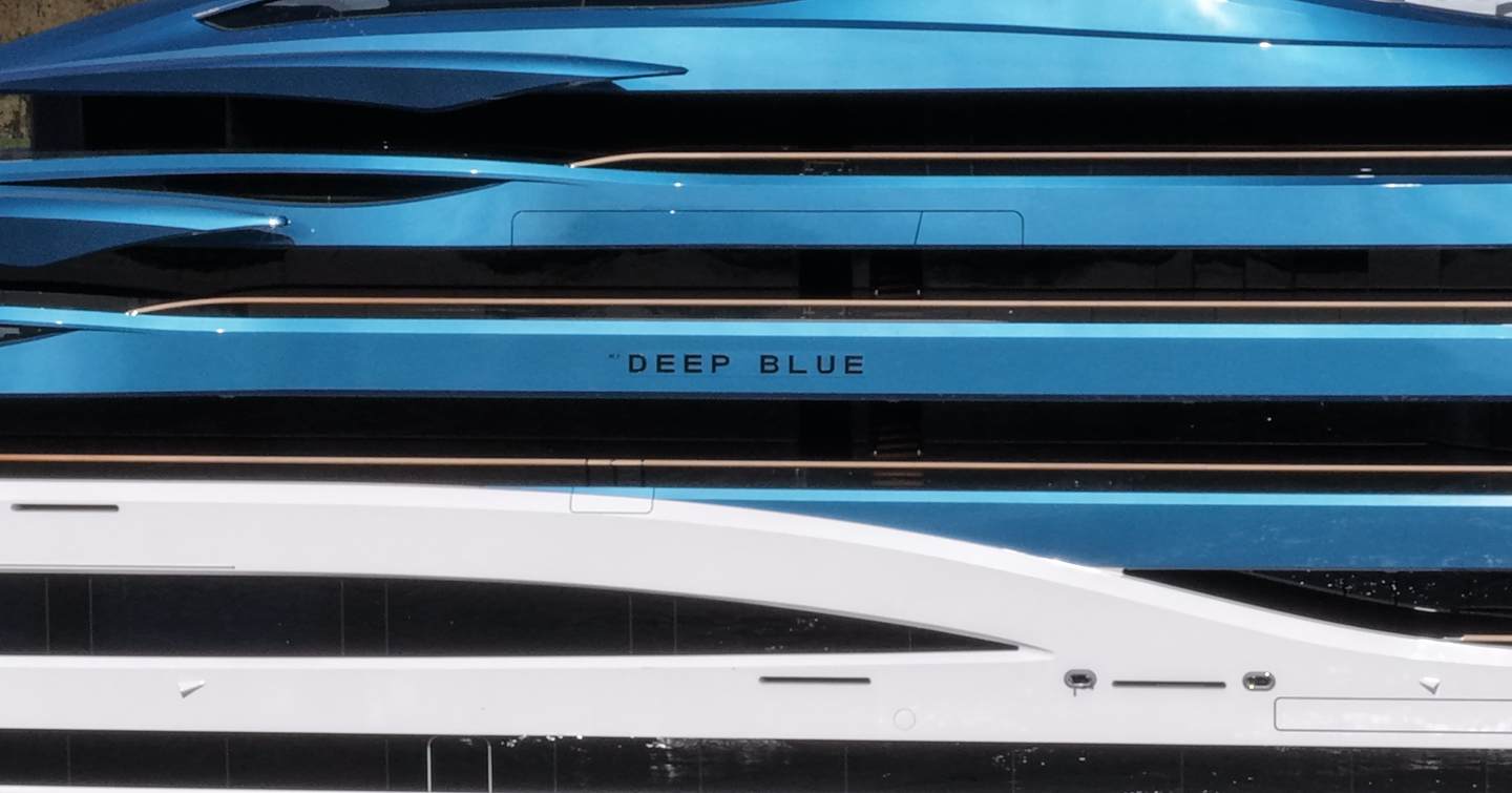 Close up of Lürssen Superyacht Deep Blue name emblem on superstrucutre