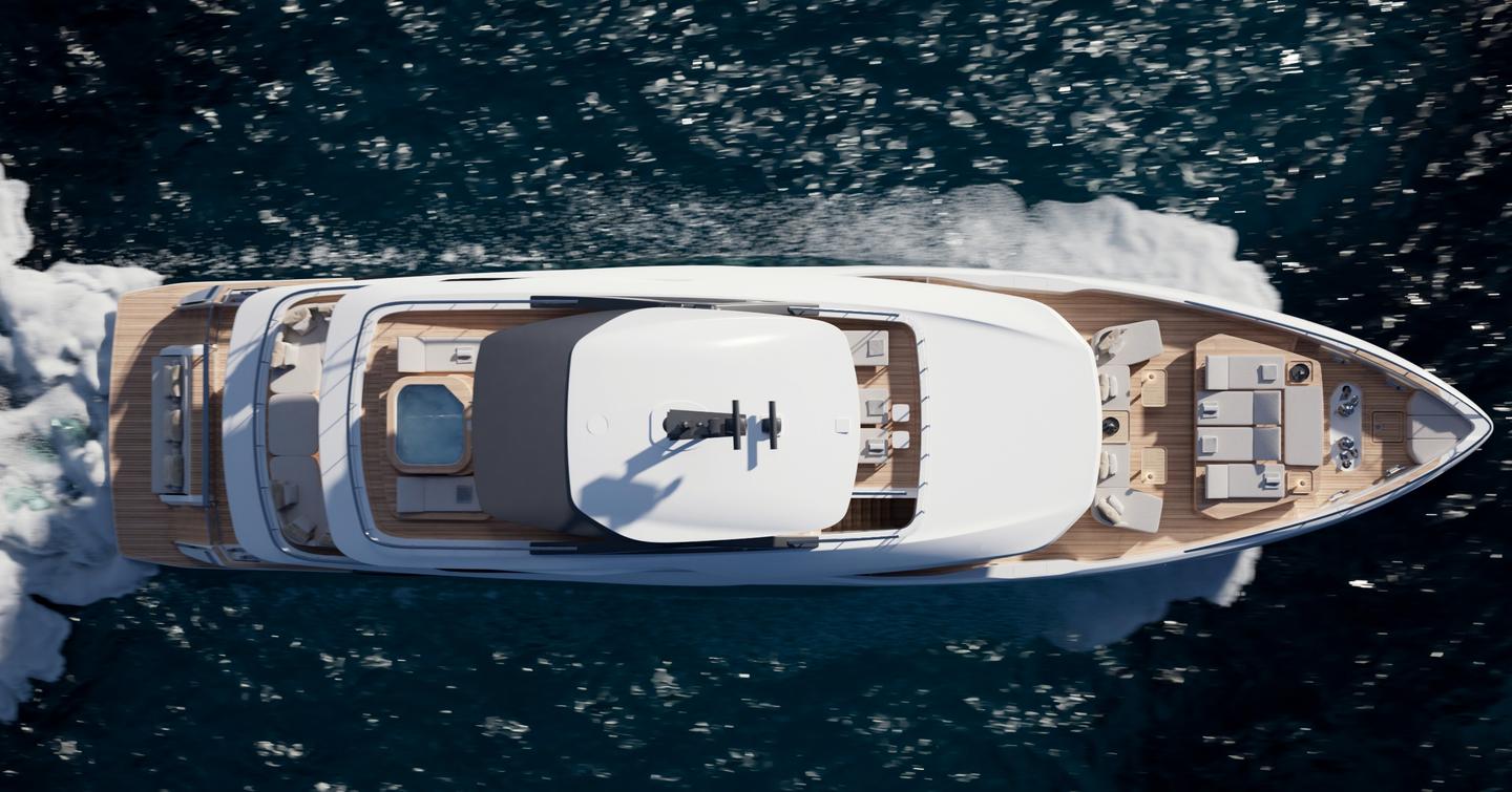 Custom Line Navetta 35 motor yacht underway aerial view 