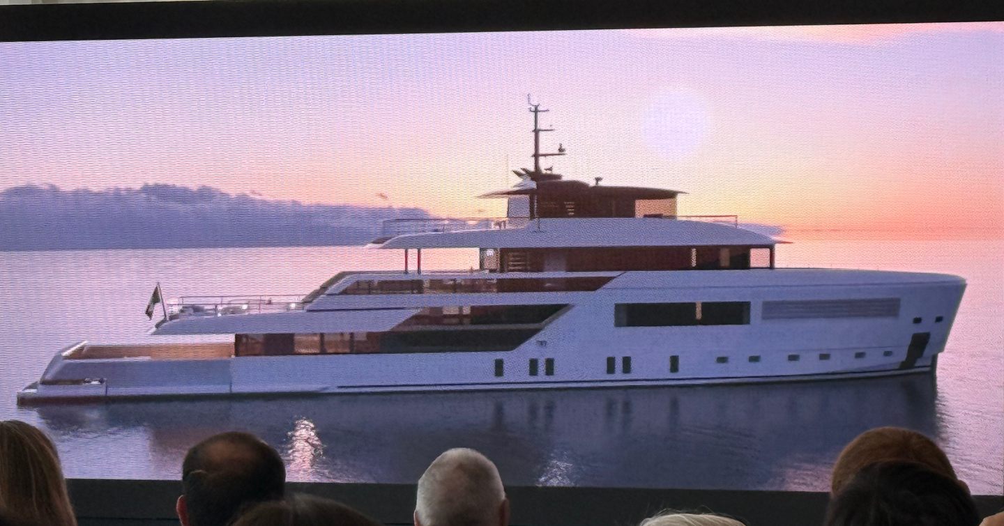 rendering of Sanlorenzo 50 XSP superyacht at anchor on slide show at Cannes 2025