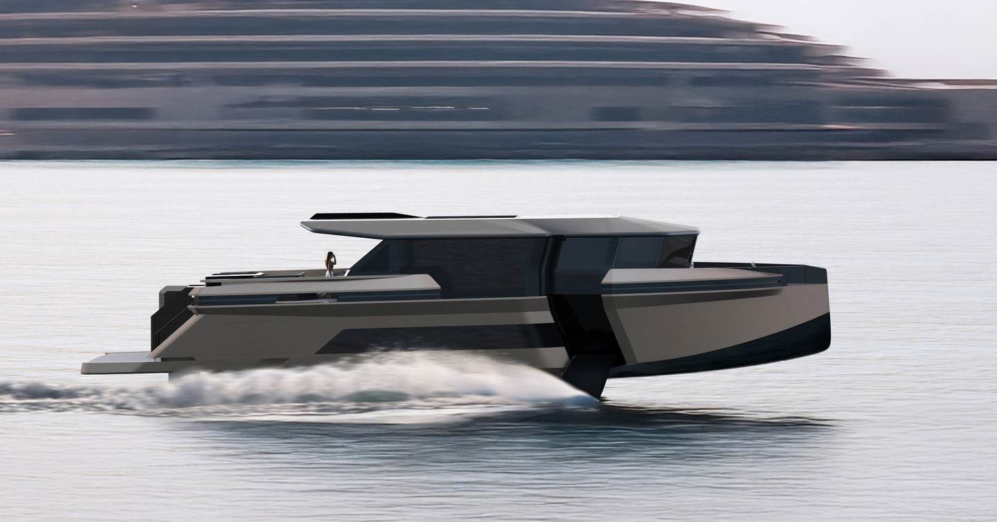 Rendering of foiler yacht Ghost under way