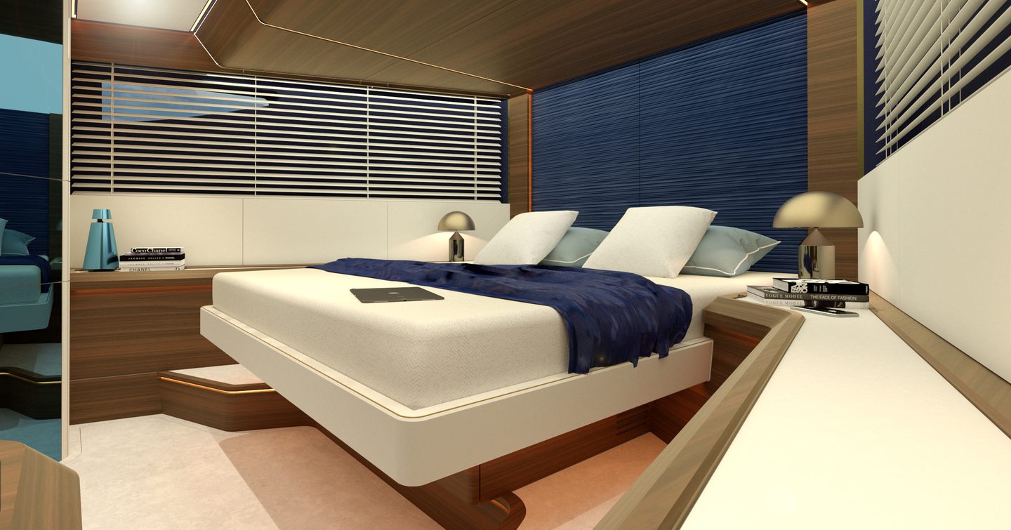 CGI of double bed in cabin on Evo V8