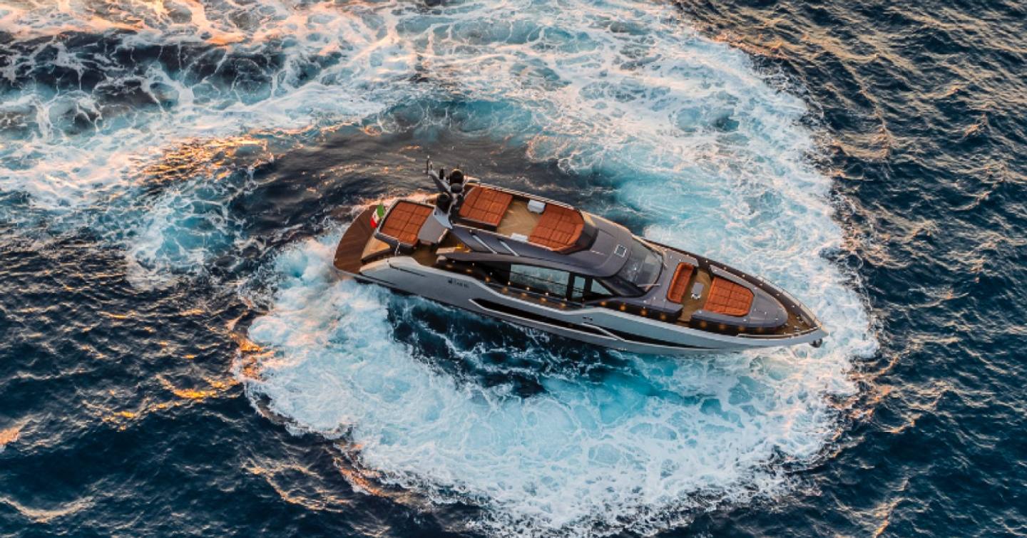 AB Yachts AB 80 motor yacht underway aerial view  
