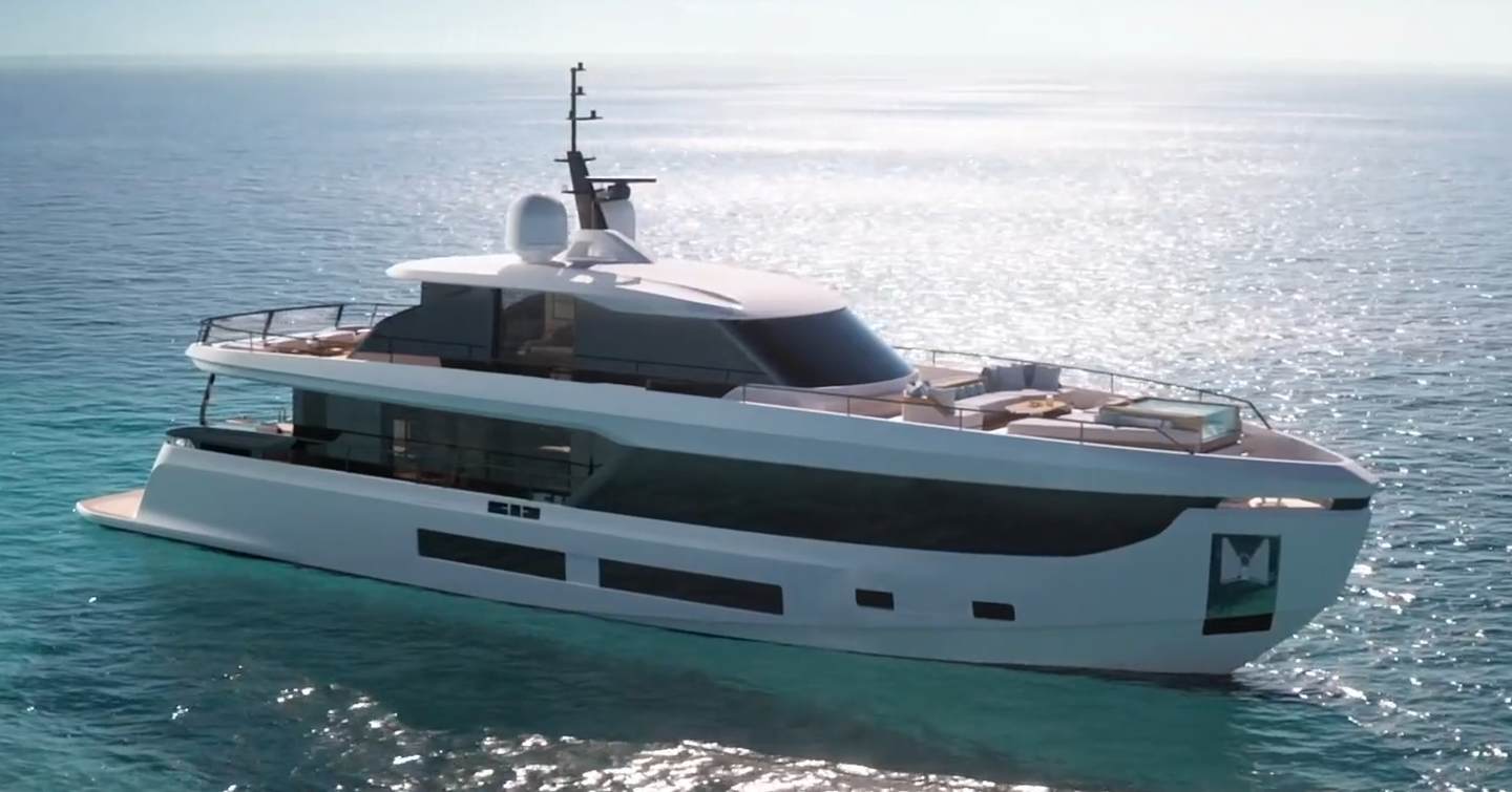 Rendering of Azimut Grande 30M motor yacht at anchor