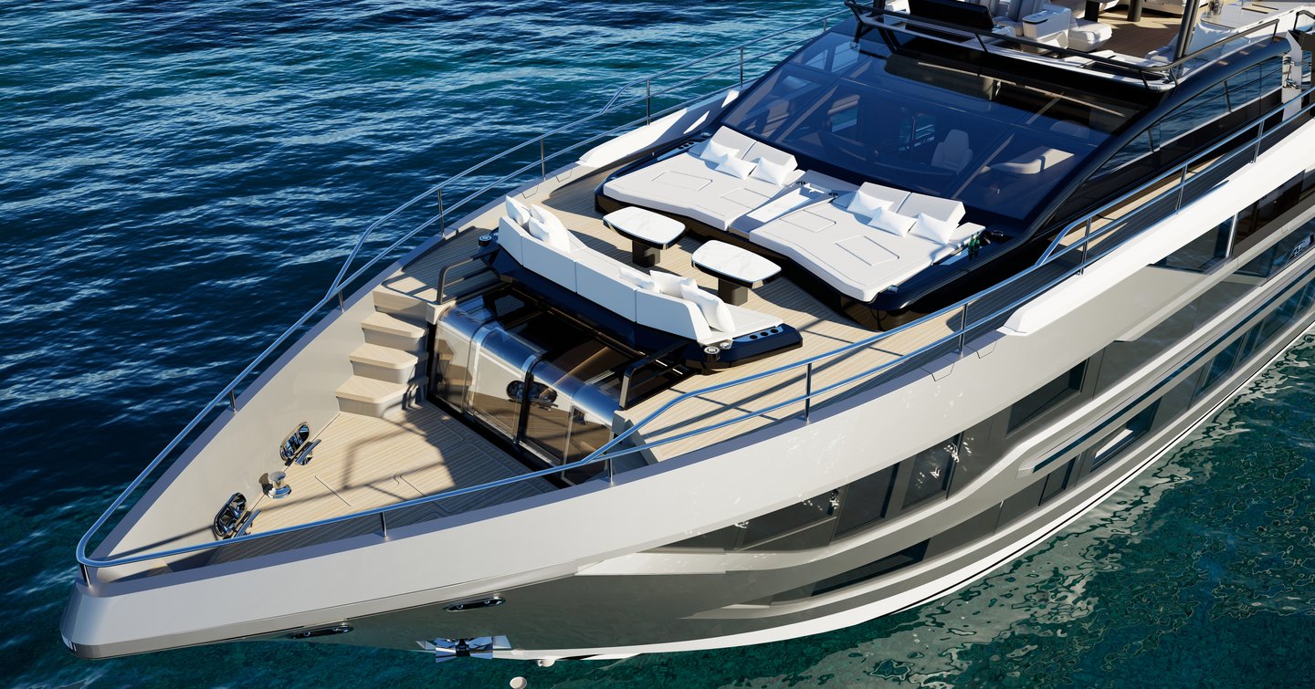 Rendering of Pearl 100 Hybrid Motor Yacht foredeck with integrated seating 