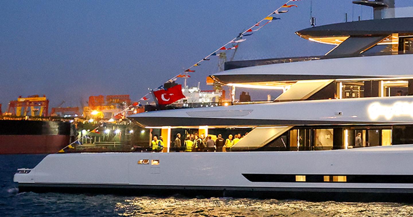 Mengi Yay superyacht Gray Wolf at anchor side view 