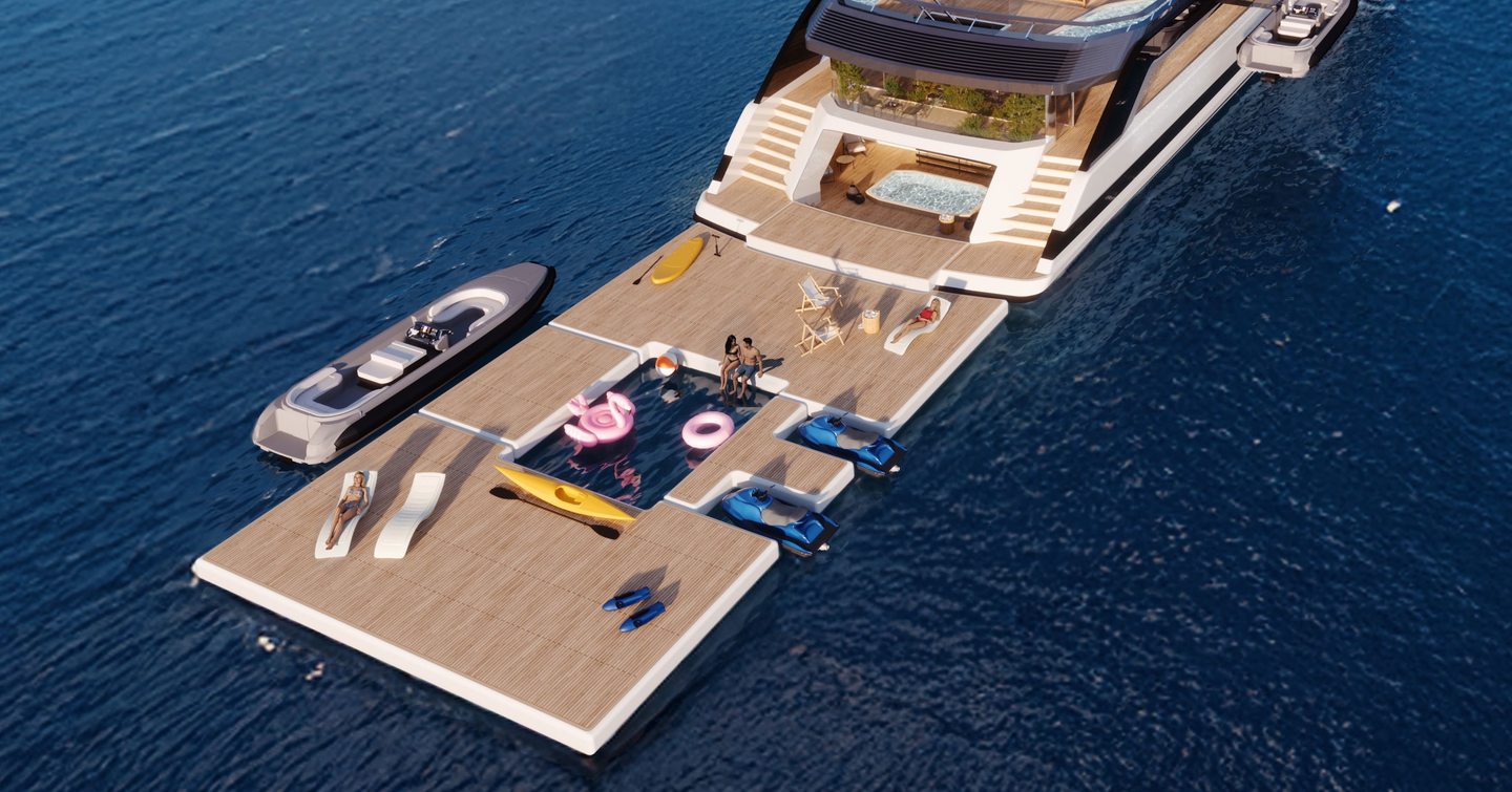 Rendering of Cantieri di Pisa Super Polaris 70 explorer yacht beach club with extended platform, sun loungers, pool and tenders