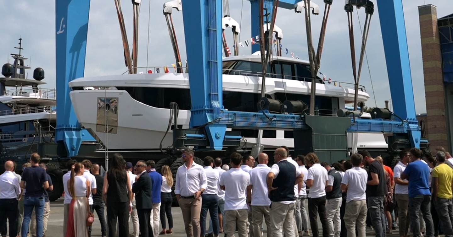 Crowd observing the First Azimut Grande 30M Superyacht at launch 