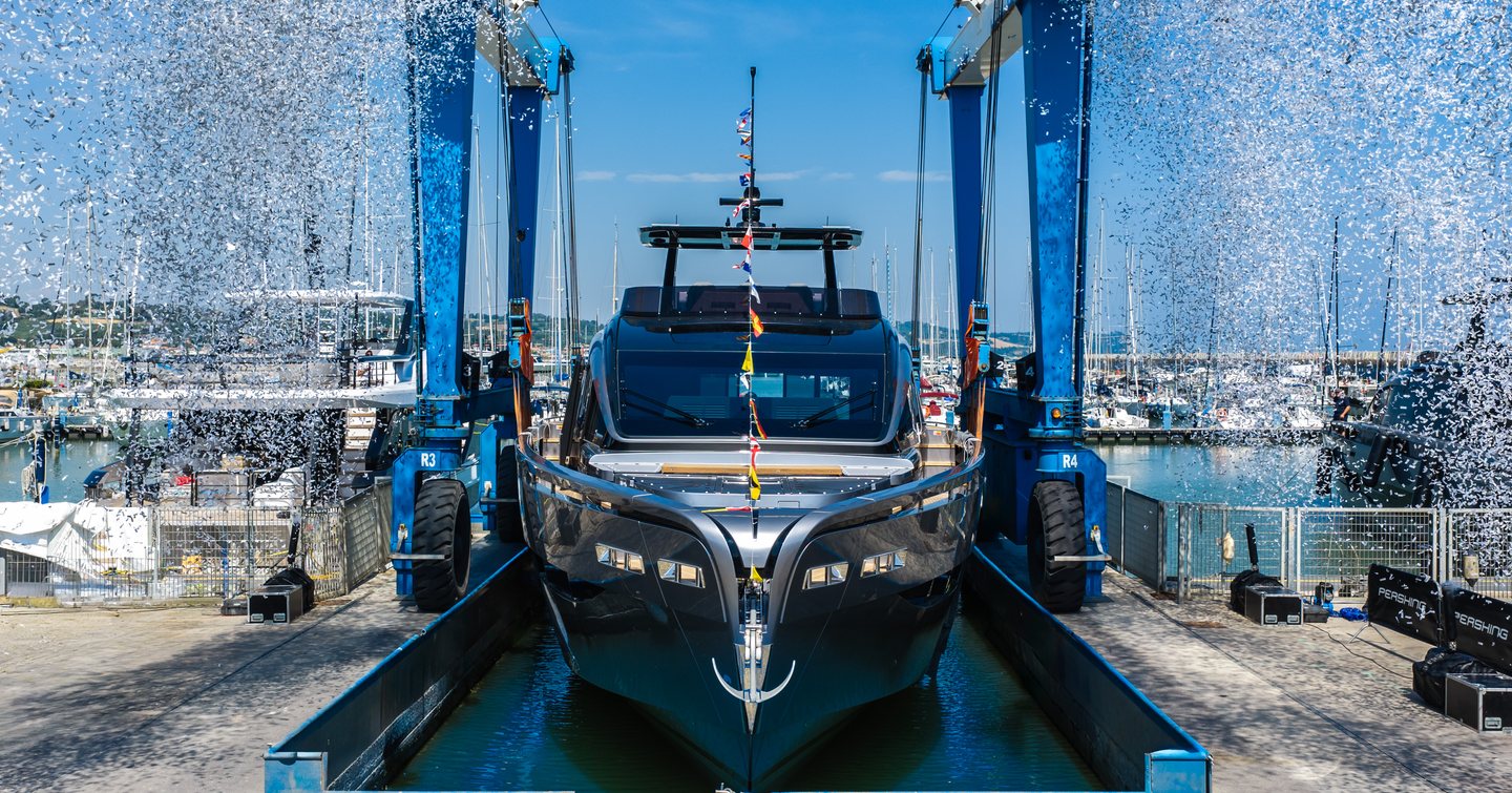 First Pershing GTX90 motor yacht launch celebration bow view 