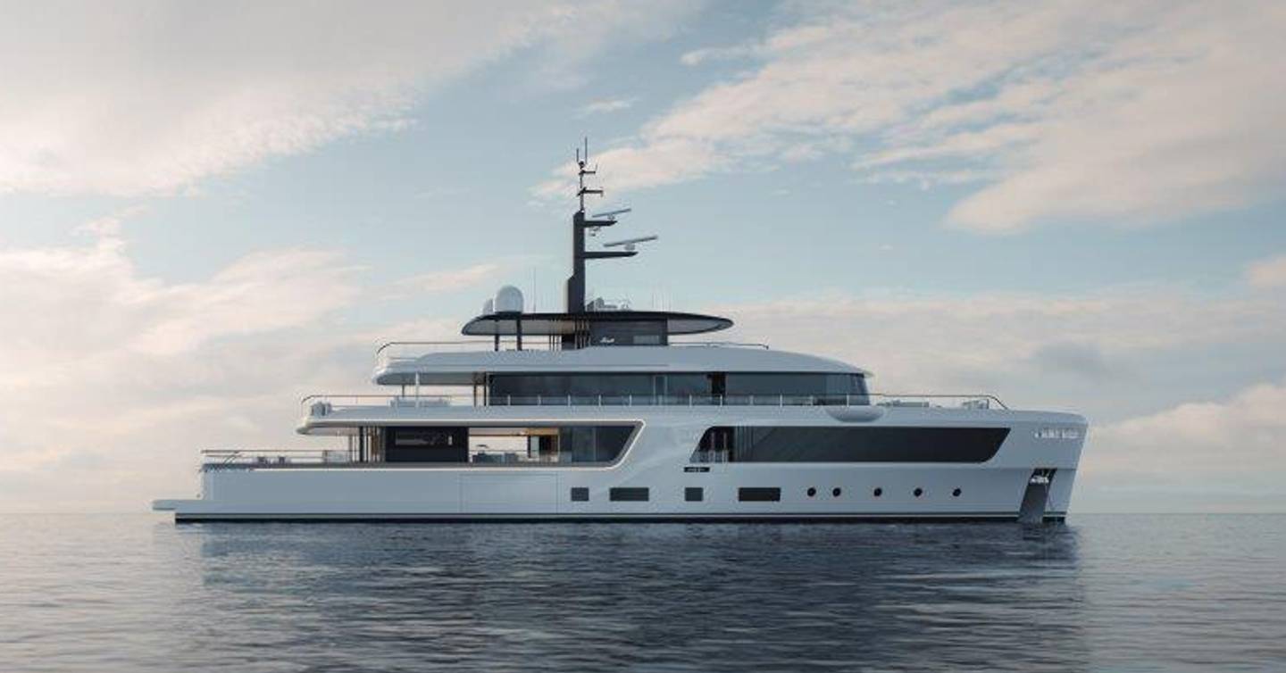 A render of the starboard side of the Benetti Motopanfilo 45M showing its extensive amount of glazing across all decks