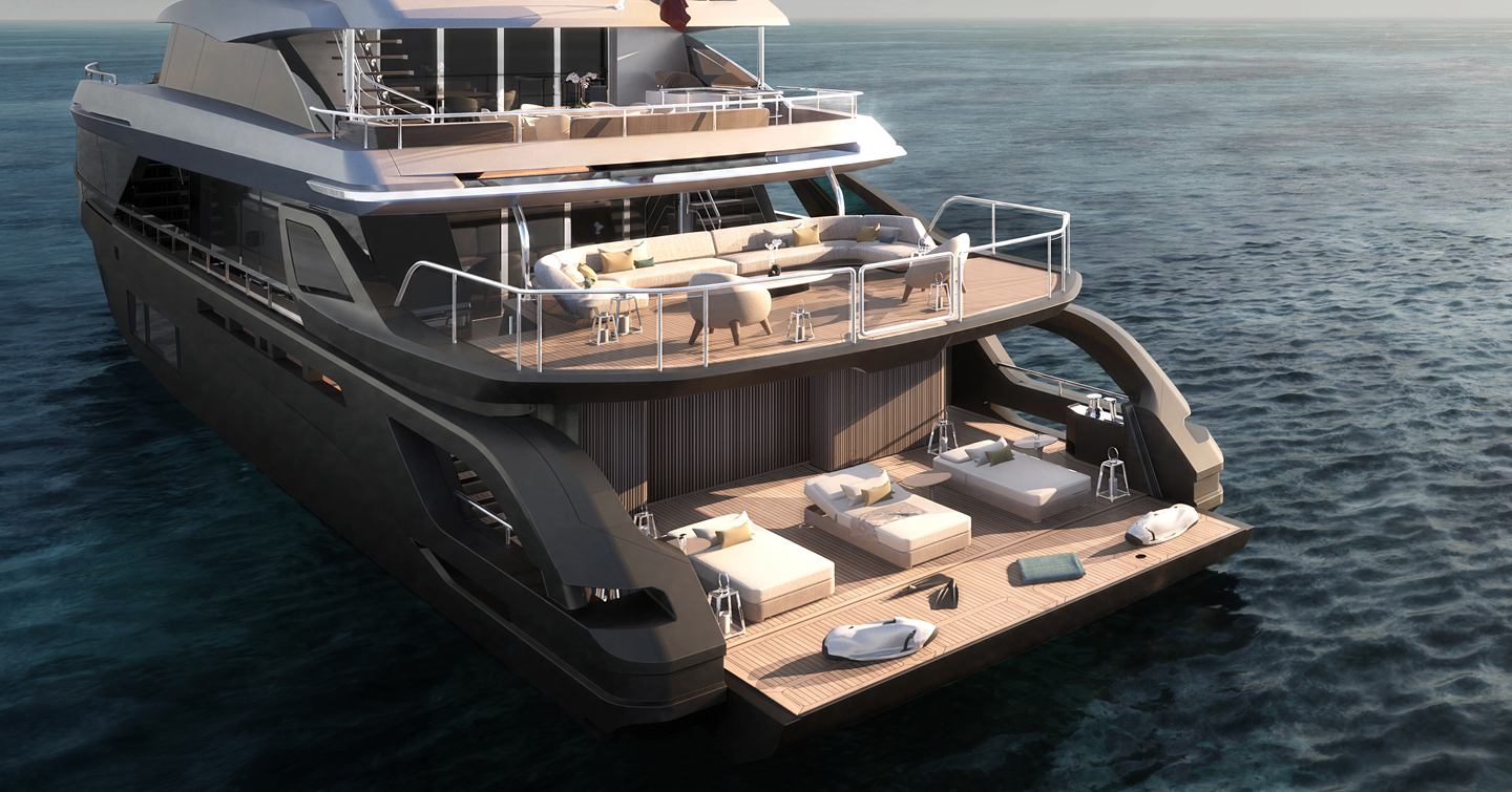 Azimut motor yacht Tanelorn stern view of beach club 