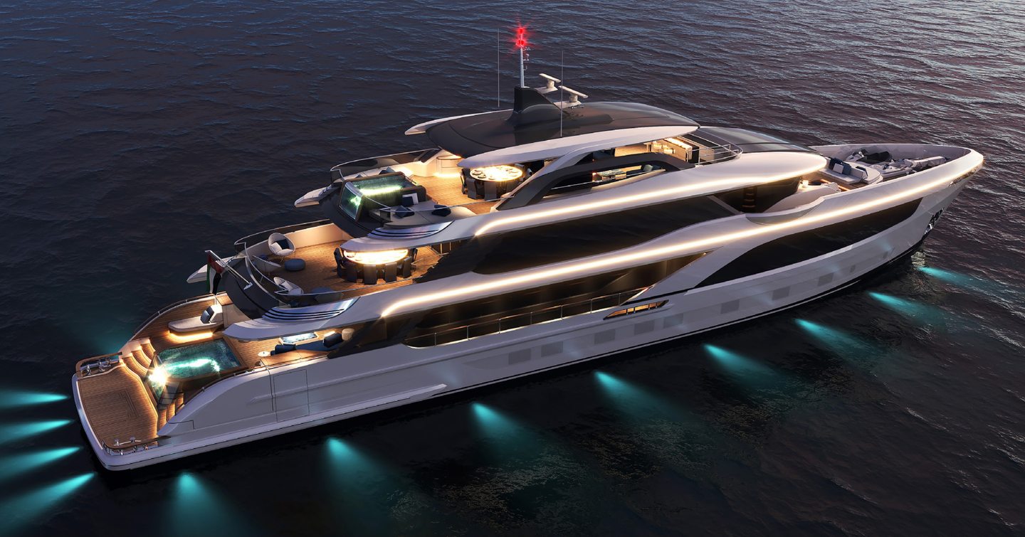 Rendering of Gulf Craft Majesty 145 superyacht at anchor with underwater LED's