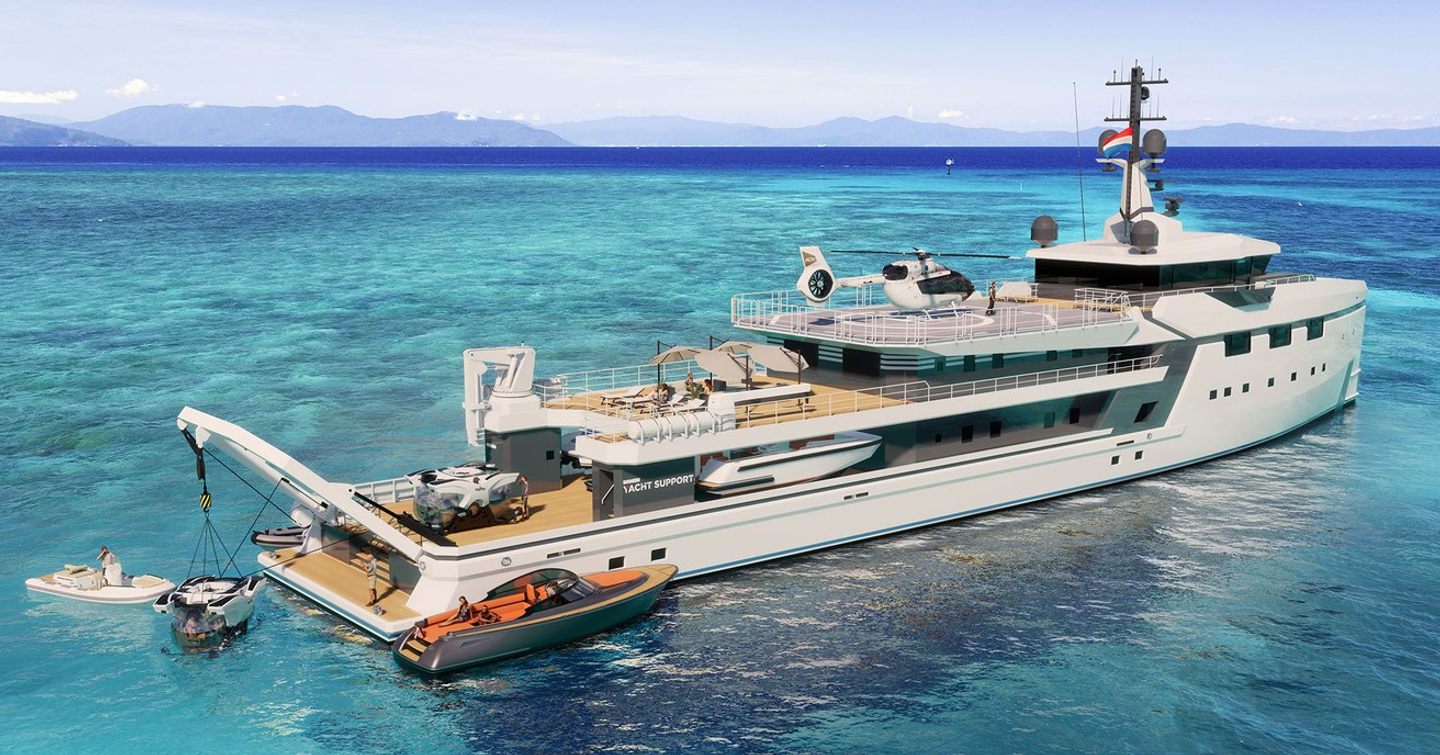 Support yacht at anchor with tenders and toys 