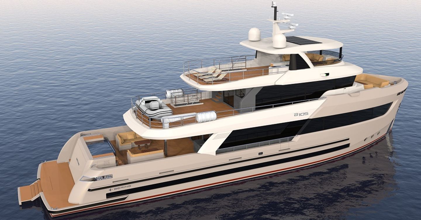 A starboard side render of the Bering 105