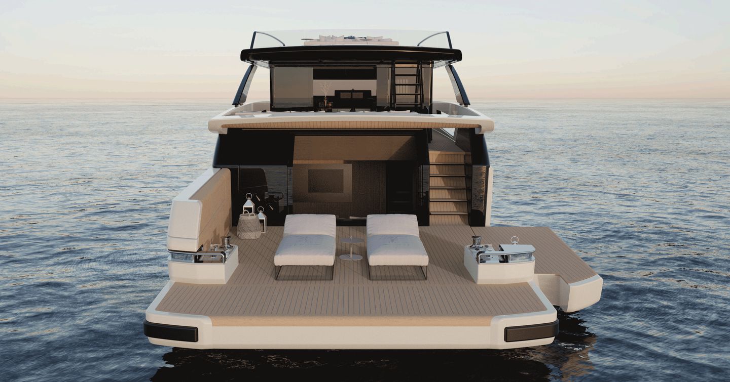 Rendering of Bluegame BGX83 motor yacht stern with fold down side and sun loungers
