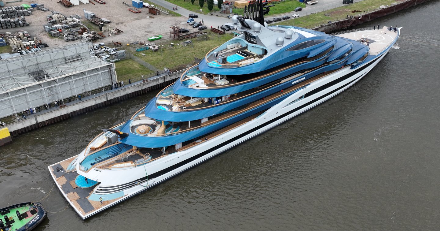Lurssen superyacht MY Deep Blue docked outside shipyard 