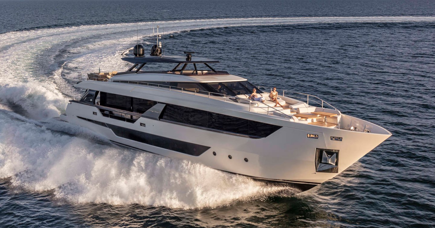 Ferretti Yachts 1000 underway, surrounded by sea.