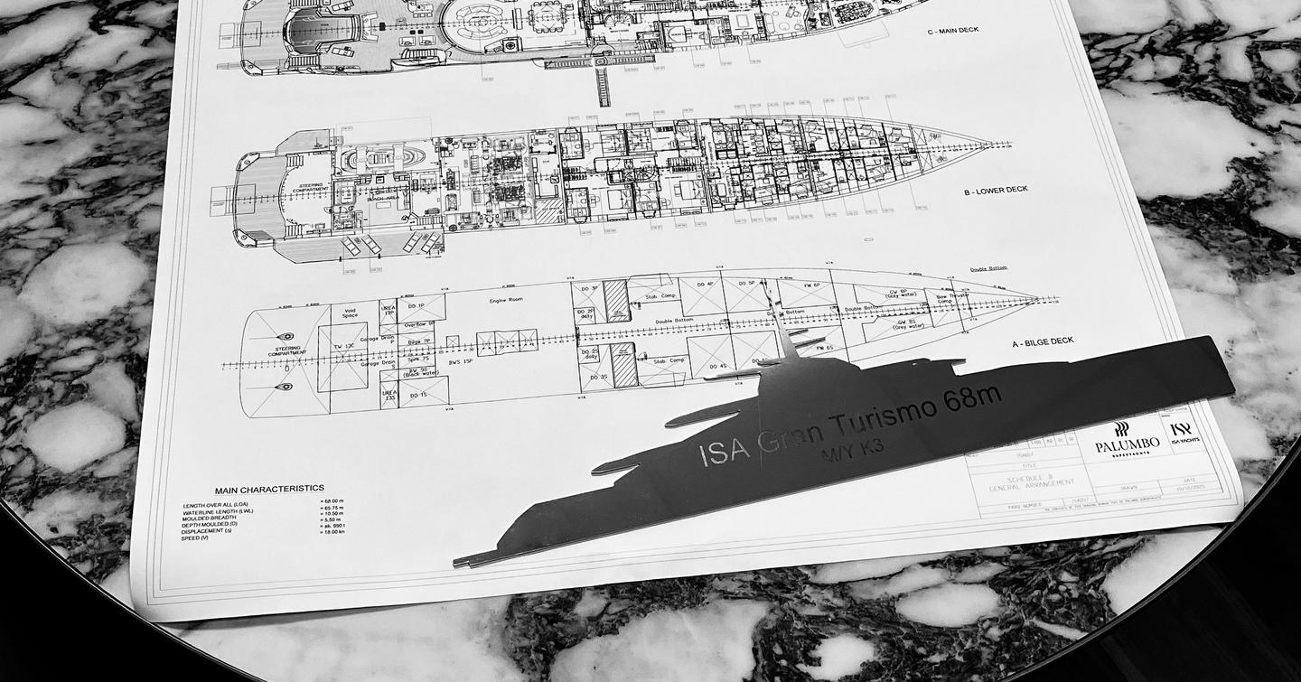 Sketch of flagship ISA Gran Turismo 68M superyacht