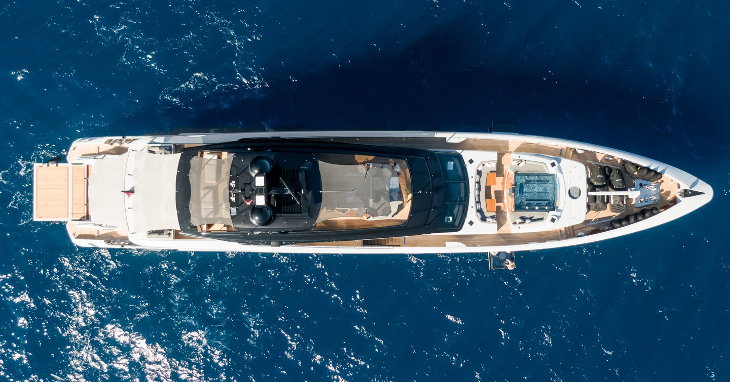 An aerial shot of superyacht JIMMY at sea