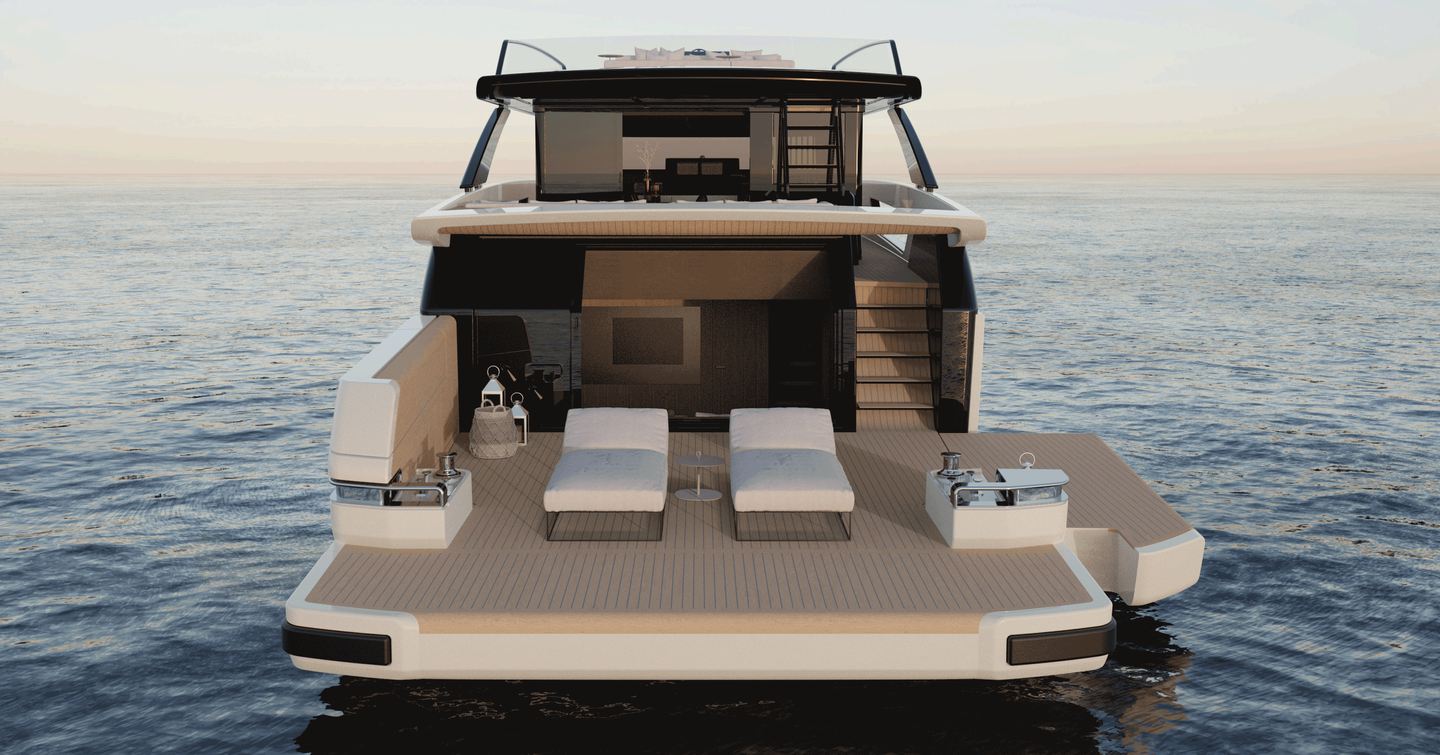 Rendering of Bluegame BGX83 motor yacht aft deck with deck chairs and fold down port side