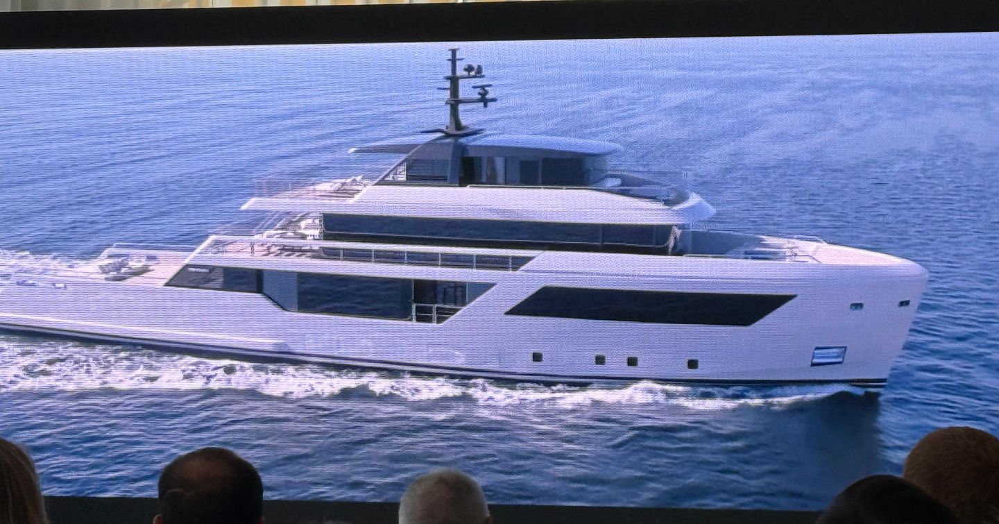 Rendering of Sanlorenzo 45 XSP superyacht under way at 2025 Cannes press conference